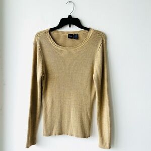 VTG Basic Editions Sweater Gold Glitter Long Sleeve Rib Cotton Womens XL Preppy